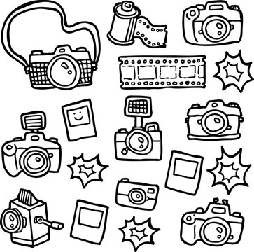Hand drawn doodle set of various photography cameras and film equipment accessories with photography equipment polaroid negative