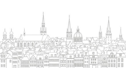 Fototapeta premium Hand drawn sketch of Riga old town skyline with historic church spires and buildings.