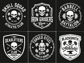 Fototapeta premium Vintage gym and fitness emblems with skulls and barbells set.