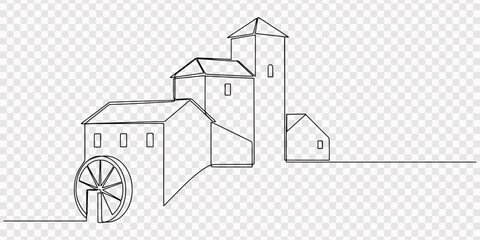 house with tall tower continuous one line drawing, Continuous One line drawing of Castle Tower. Icon of architecture with straight lines and minimal top tower details, continuous one line art © line pro