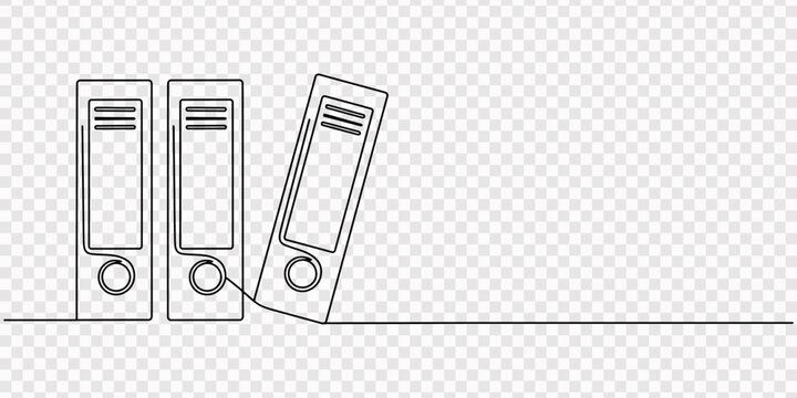 Three ring binders leaning together on white office surface. no editable strokes, Three ring binders in a continuous one line drawing style, Continuous one line drawing of three office ring binders