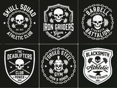Vintage gym and fitness emblems with skulls and barbells set.
