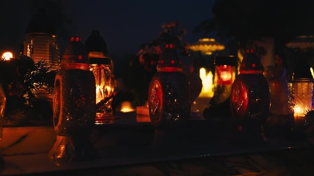 Lamps Lighting Up The Night At The Cemetery
