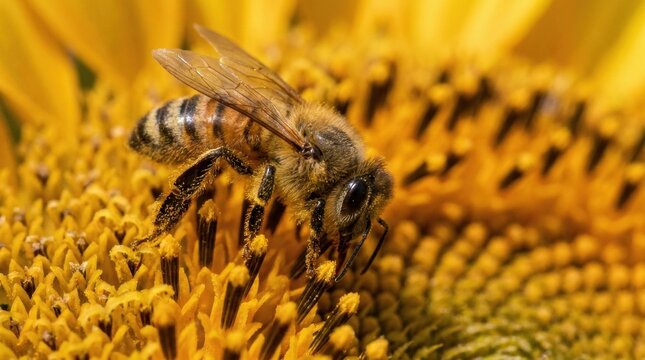 Honey Bee on Sunflower: A detailed close-up captures a honey bee diligently collecting pollen from the vibrant yellow center of a sunflower, showcasing nature's intricate dance of pollination.