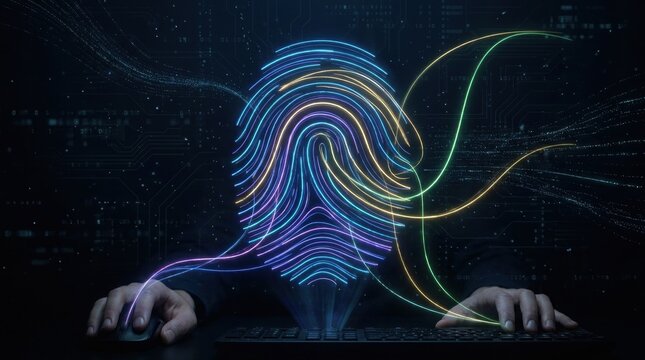 Digital Fingerprint Identity: A glowing, multi-colored fingerprint forms a human-like face against a dark, futuristic background, symbolizing digital identity and data security.