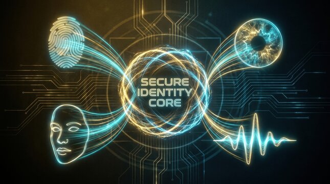 Digital Identity Security Core: An abstract representation of a secure identity core, illustrating biometric data points like fingerprint, iris scan, facial recognition, and voice waveform.