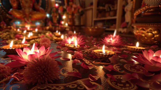 Glowing clay diyas and pink lotus flowers on decorated Hindu prayer altar