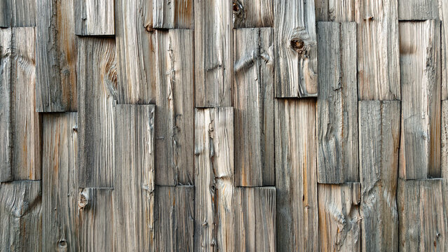Rustic weathered wood paneling texture background. Rough reclaimed timber wooden wall pattern with vertical planks, knots and grain details.
