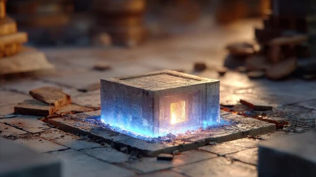 A weathered stone cube glows with blue and yellow light, set on a cracked stone platform