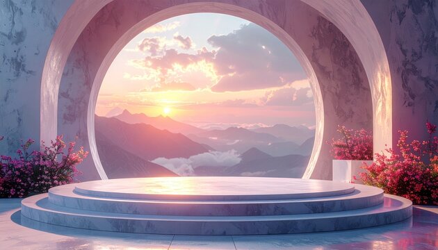 A scenic outdoor stage with a sunset vista framed by an arched structure, and flowers
