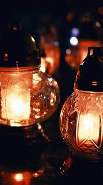 Halloween At The Cemetery Late In The Evening With Lamps vertical video