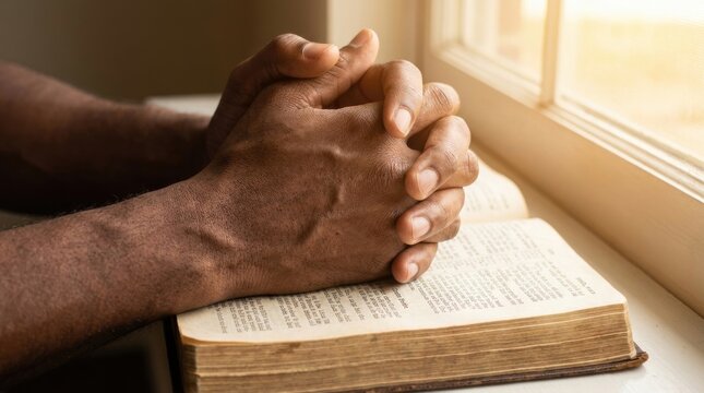 Prayerful Moment: Close-up of a man's hands clasped in prayer over an open holy book beside a window, with sunlight streaming in, evoking a sense of deep faith and contemplation.