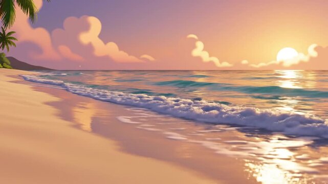 Beautiful tropical beach sunset illustration with palm tree and gentle ocean wave