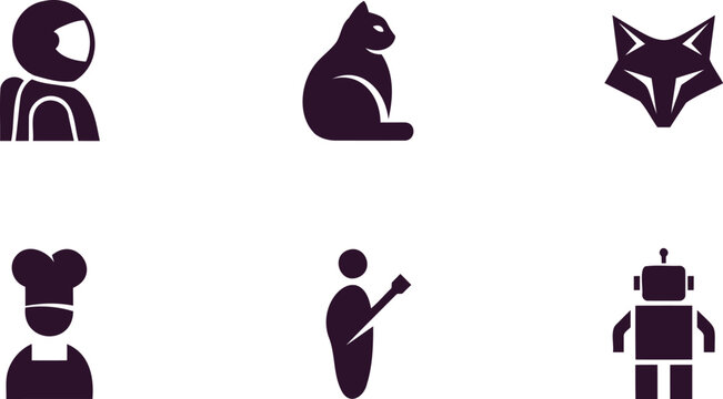 A collection of six stylized flat icons representing different professions and characters on a white background