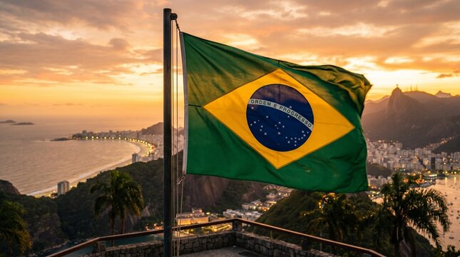 Brazilian flag waving over rio de janeiro city at sunset