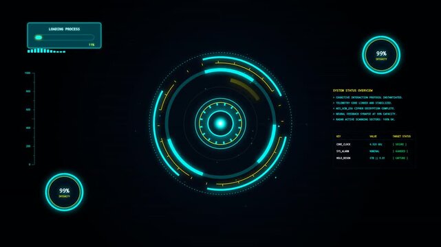 Futuristic 2D cyber HUD animations featuring artificial intelligence interfaces, data-processing microprocessors, and glowing neural circuit rings. Ideal for advanced smart software loaders