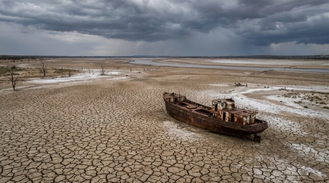 Wrecked Ship on Cracked Earth: An old, rusty shipwreck lies stranded on a vast, cracked earth landscape under a stormy, dramatic sky, symbolizing desolation and the harsh effects of drought.