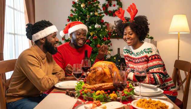 Family enjoying Christmas dinner with roasted turkey and decorations.