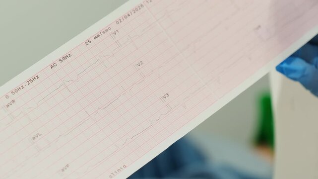 Healthcare worker holds diagnostic strip reading printed test data. Specialist examines paper result checking recorded signals after procedure