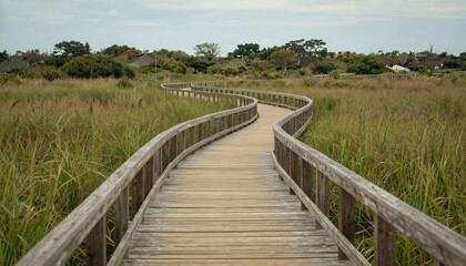 Obraz premium Scenic Curved Wooden Boardwalk Through Lush Green Marshland Path