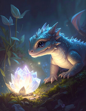Blue baby dragon discovering glowing crystal in dark forest.