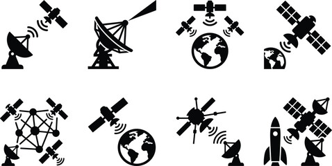Satellite Communication and Space Network Technology Silhouette Icon Set Collection © Hello World