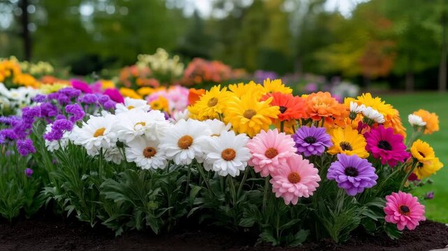Colorful blooming flower bed in landscaped garden displaying vibrant seasonal blossoms in natural daylight