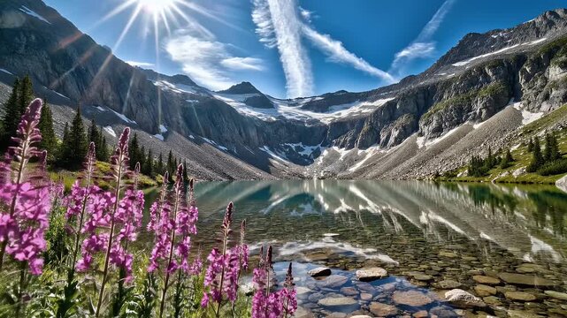 Sunlit alpine lake with purple wildflowers and jagged peaks
