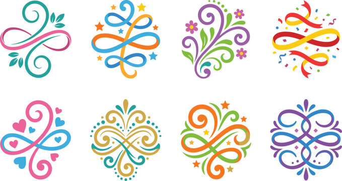 Elegant colorful flourish divider vignettes and calligraphic scroll ornament elements vector illustration set