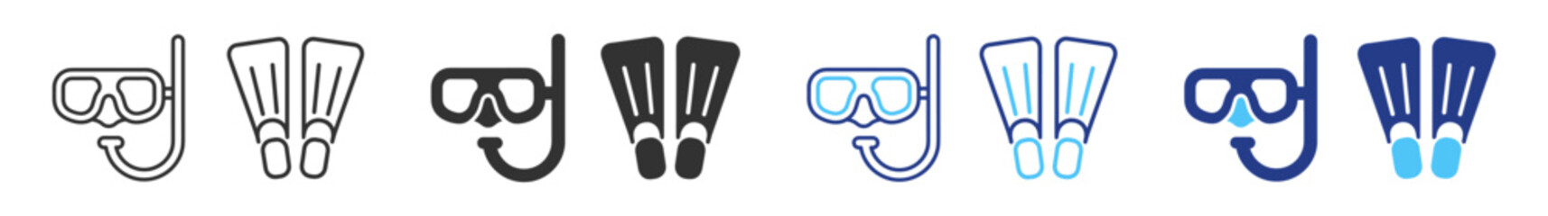 Snorkeling gear icon set in outline and solid style with diving equipment symbols on transparent background © TanyaK