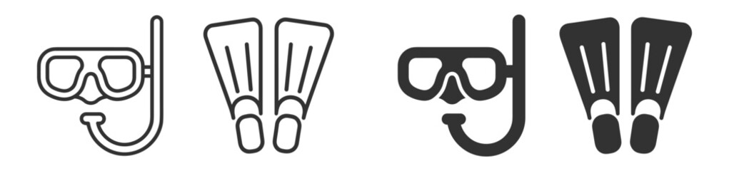 Snorkeling and diving equipment icon set with outline and solid underwater symbols on transparent background © TanyaK