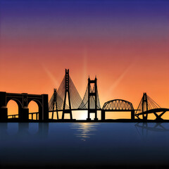Obraz premium Silhouette of multiple bridges at sunset
