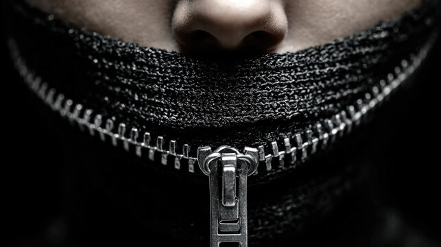 Conceptual Image of Person with Zipped Mouth Representing Silence Secrecy Censorship Fear Suppression of Voice and Lack of Freedom of Expression Concept