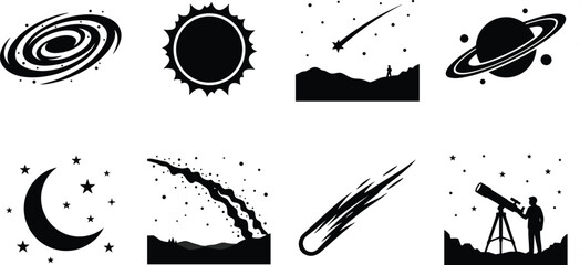 Space and Astronomy Silhouette Icon Set with Planets Stars and Comets © Hello World