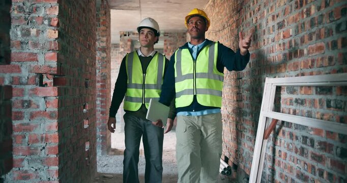 Construction, men or site inspection with pointing for masonry safety, wall structure or compliance. Architect, foreman and tech in building for defect management, quality control or phase assessment