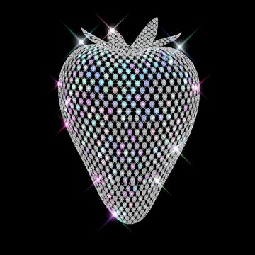 Glamorous sparkling strawberry covered in rhinestones and iridescent crystals, isolated on a black background. Luxury pop art style fruit icon with dazzling starburst reflections and disco aesthetic.