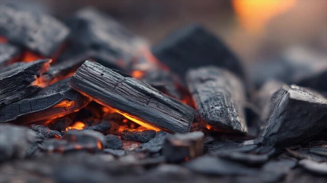 Close-up of glowing charcoal briquettes, showing texture and fiery embers