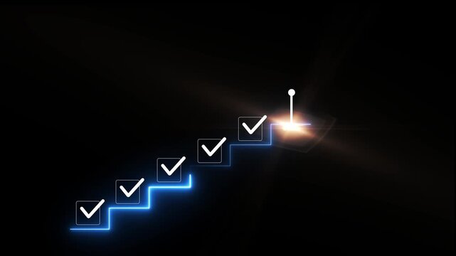Business success and goal achievement steps. Businessman drawing checkmarks on virtual staircase steps toward achieving goals, ending with red flag as success marker. 4k motion on transparent.