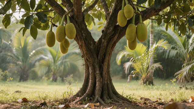 Jackfruit Tree Bearing Ripe Fruits in Tropical Orchard