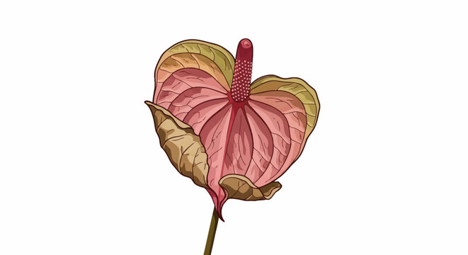 Detailed vector illustration of a wilting anthurium flower featuring a pink spathe with brown withered edges, a central spadix, and visible vein patterns isolated on white background.