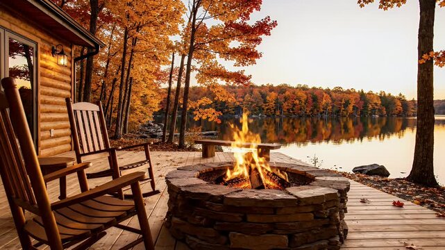 Lakeside cabin with rocking chairs and a roaring firepit in autumn