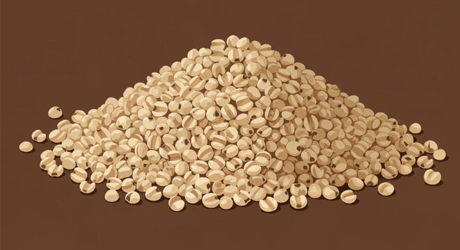 Detailed vector illustration of a heap of raw finger millet grains, also known as ragi, shown against a solid brown background. Stylized graphic representation of cereal seeds.