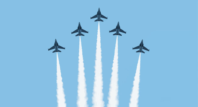 Vector illustration of five military fighter jets flying in a symmetrical V-formation upwards against a clear light blue sky background, featuring long vertical white smoke trails.
