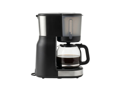Modern black drip coffee maker with a sleek stainless steel finish and a clear glass carafe filled with fresh hot brewed dark coffee isolated on a clean white studio background for kitchen use.