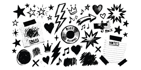 Set of hand drawn doodle icons with stars hearts lightning bolts and music notes in black ink © md