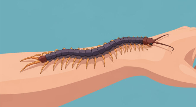 Vector illustration of a long dark purple scolopendra centipede with orange legs crawling across a person's forearm and hand against a solid light blue background.
