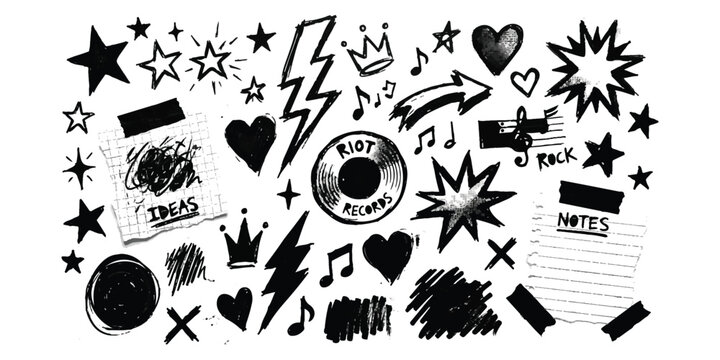 Set of hand drawn doodle icons with stars hearts lightning bolts and music notes in black ink