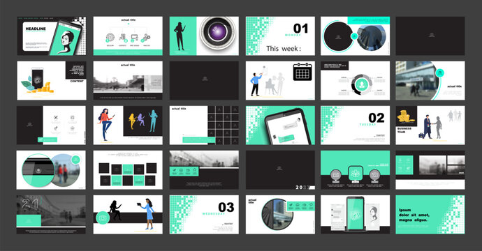 Presentation of business photo, camera, infographic design template, green, black elements, white background set. A team of people, girls creates technology. Financial work, flyers, SEO
