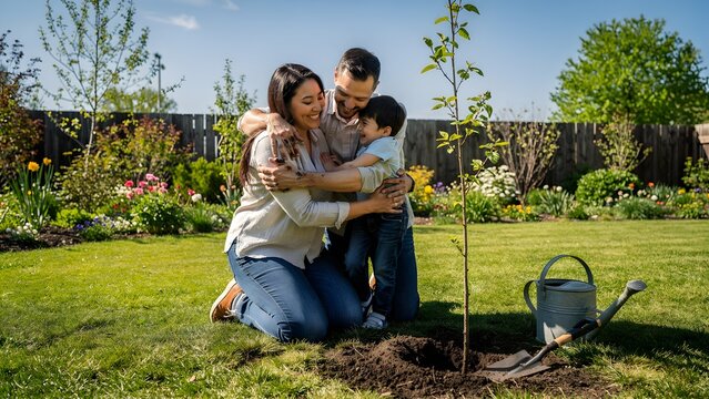 Family hugs after planting a young tree in their sunny backyard garden