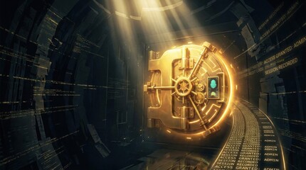 Obraz premium Golden Vault of Secrets: A magnificent, gleaming golden vault door is set within a futuristic, digitally-enhanced tunnel, illuminated by ethereal shafts of light.